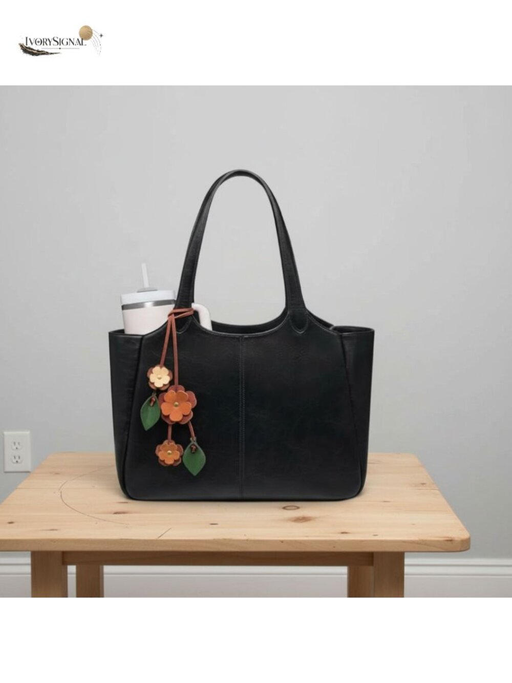 Vegan Leather Tote Bag with 40oz Cup Holder Work Satchel